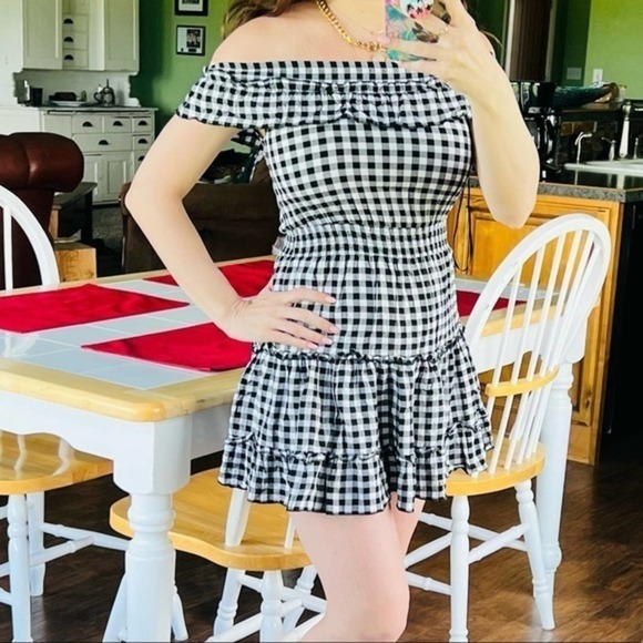 Majorelle off the shoulder black & white ruffle plaid checkers mini dress XS